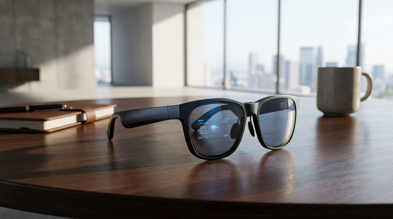 Sleek smart glasses on a table, showcasing a subtle integrated display.