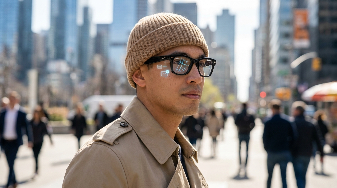 A person wearing stylish Ray-Ban Meta smart glasses, with a subtle digital overlay visible in the lens.