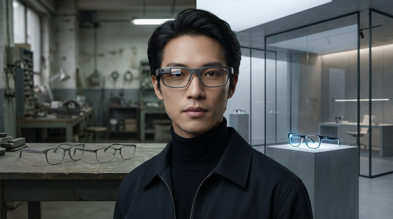 A person wearing smart glasses, with a split background showing a low-cost generic pair on one side and a premium branded pair on the other.