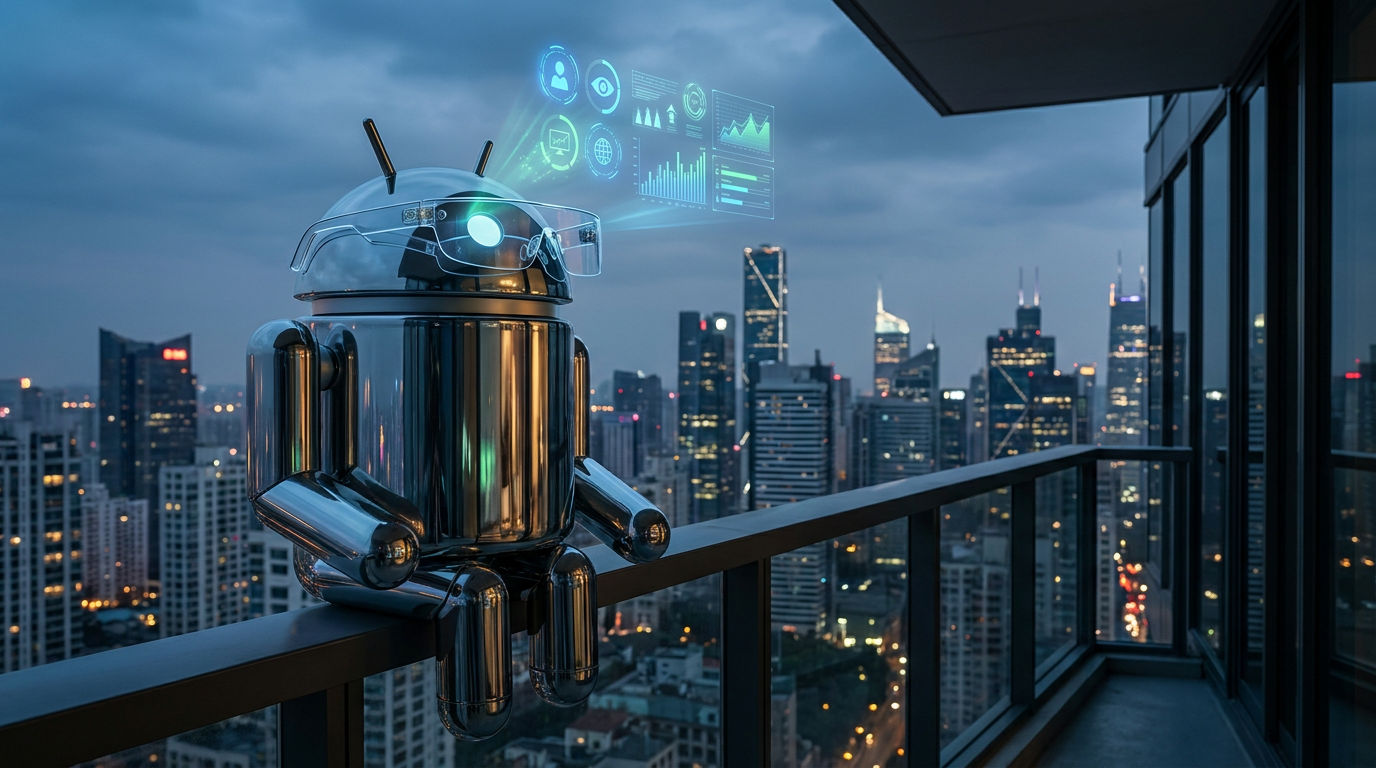 A stylized Android robot wearing smart glasses, looking out over a city skyline with various smart glass icons floating above it