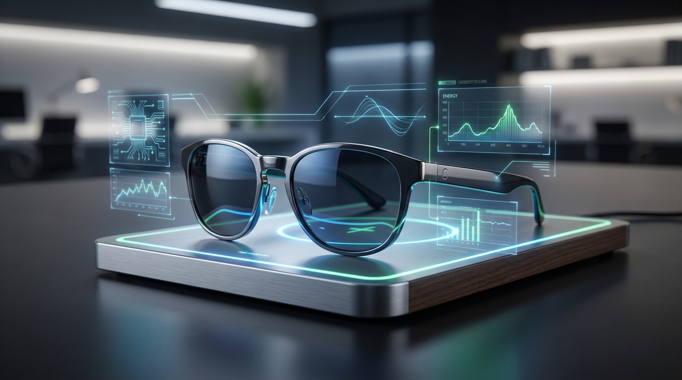 A pair of sleek smart glasses on a charging pad, glowing faintly, with complex energy consumption data visualized around them.