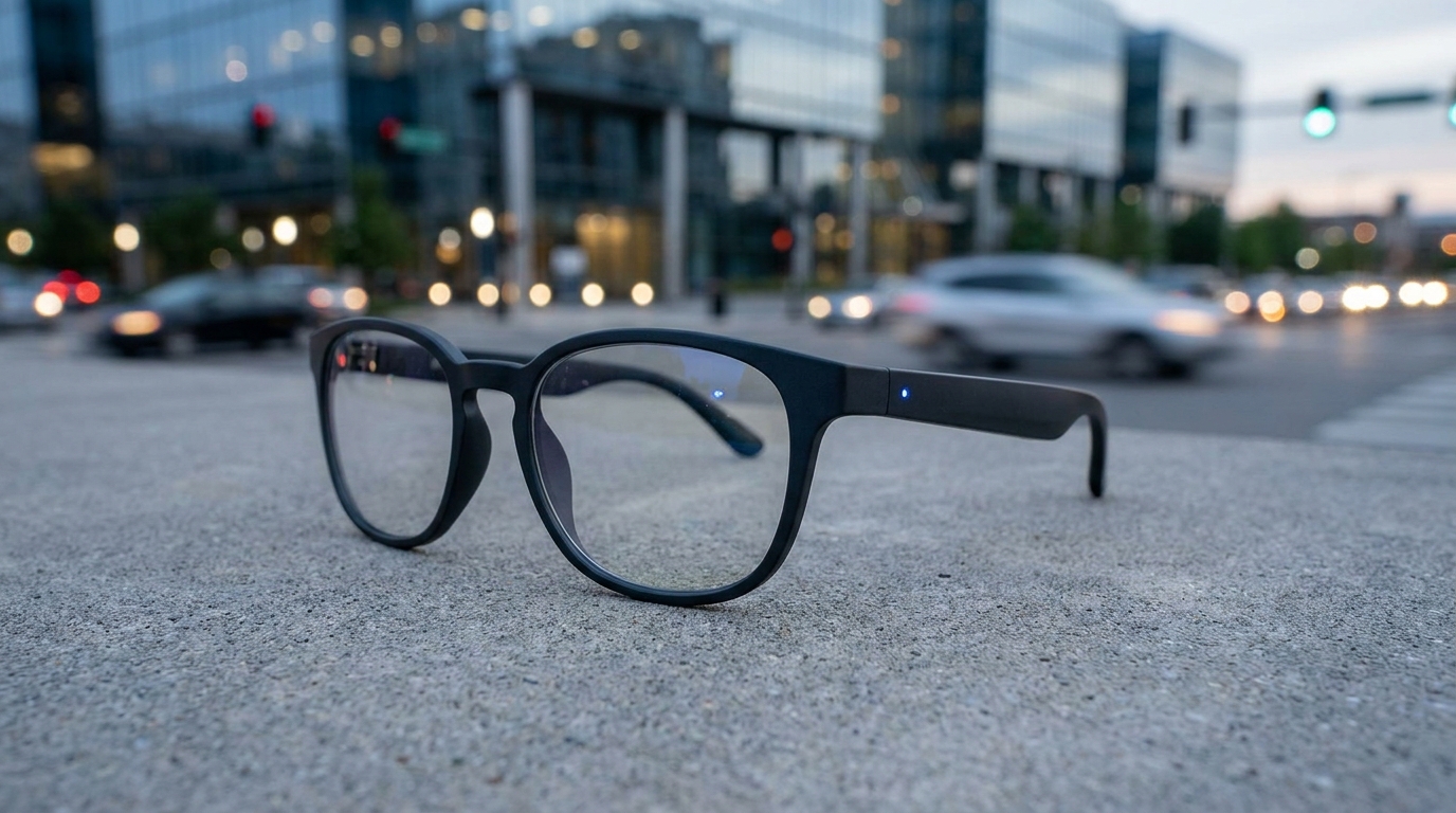 Une paire de lunettes intelligentes élégantes et modernes, avec une lumière bleue subtile indiquant une notification dans la vision périphérique du porteur, sur un fond urbain légèrement flou.