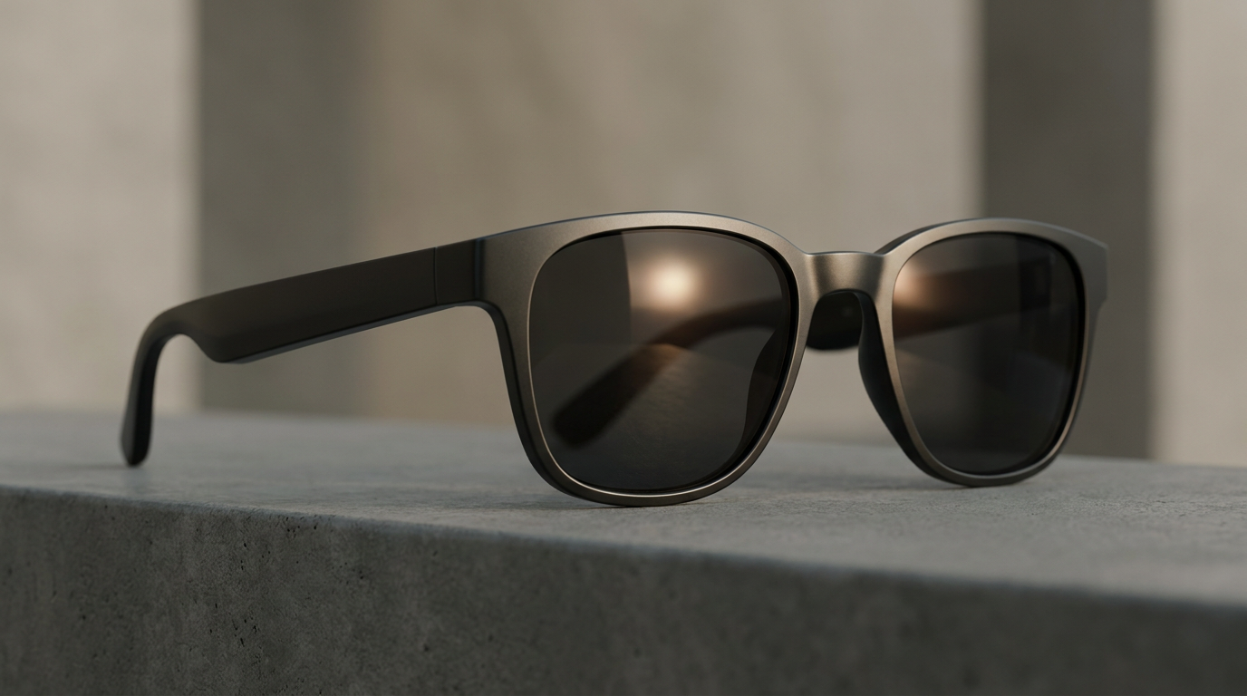 Close-up of a sleek pair of unadorned glasses with a subtle glow, implying embedded AI rather than a visible screen, against a neutral background.