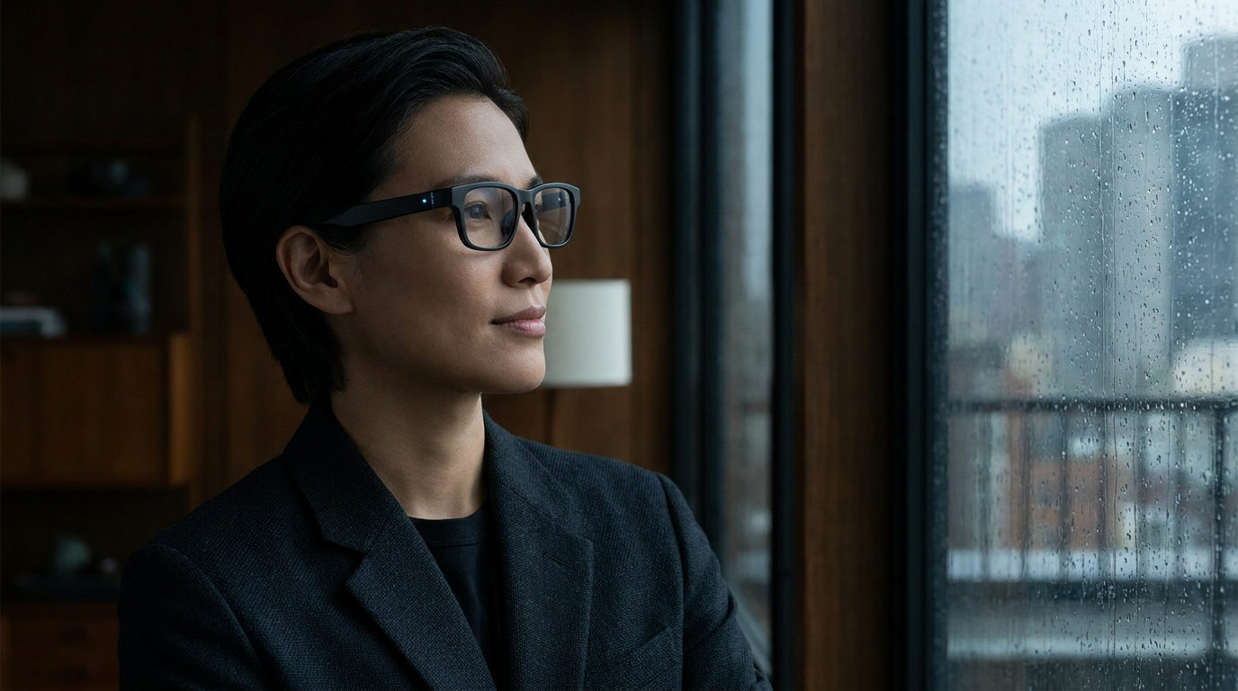 person wearing sleek, dark smart glasses with a subtle indicator light, looking natural, not like a tech gadget