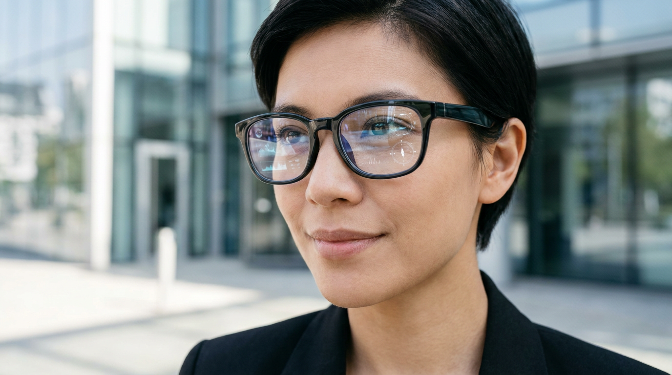 洗練された未来的なスマートグラスを着用した人物のクローズアップ写真。レンズには微かなデジタルオーバーレイが見える。人物の目ははっきりと見え、テクノロジーのシームレスな統合を示唆している。
