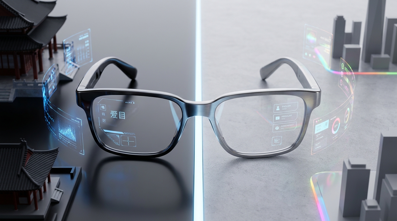 Des lunettes connectées futuristes avec des superpositions numériques, divisées par une ligne verticale, montrant différentes esthétiques de design de l'Est et de l'Ouest.