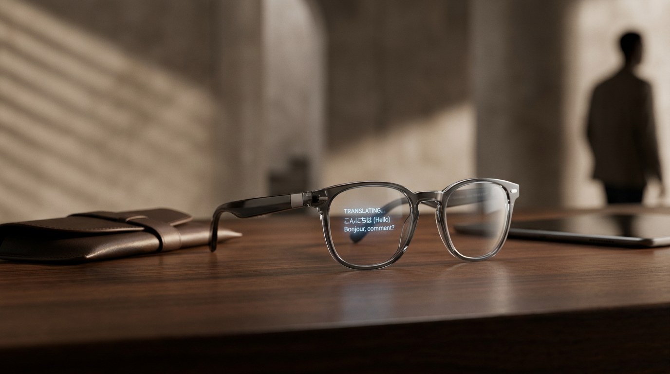 Une paire de lunettes intelligentes modernes avec de subtils sous-titres de traduction en temps réel lumineux à l'intérieur de la lentille droite, style éditorial de magazine haut de gamme