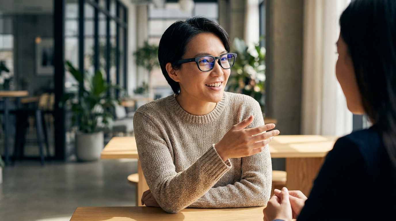 A person wearing stylish, minimalist smart glasses, looking natural and engaged in conversation.