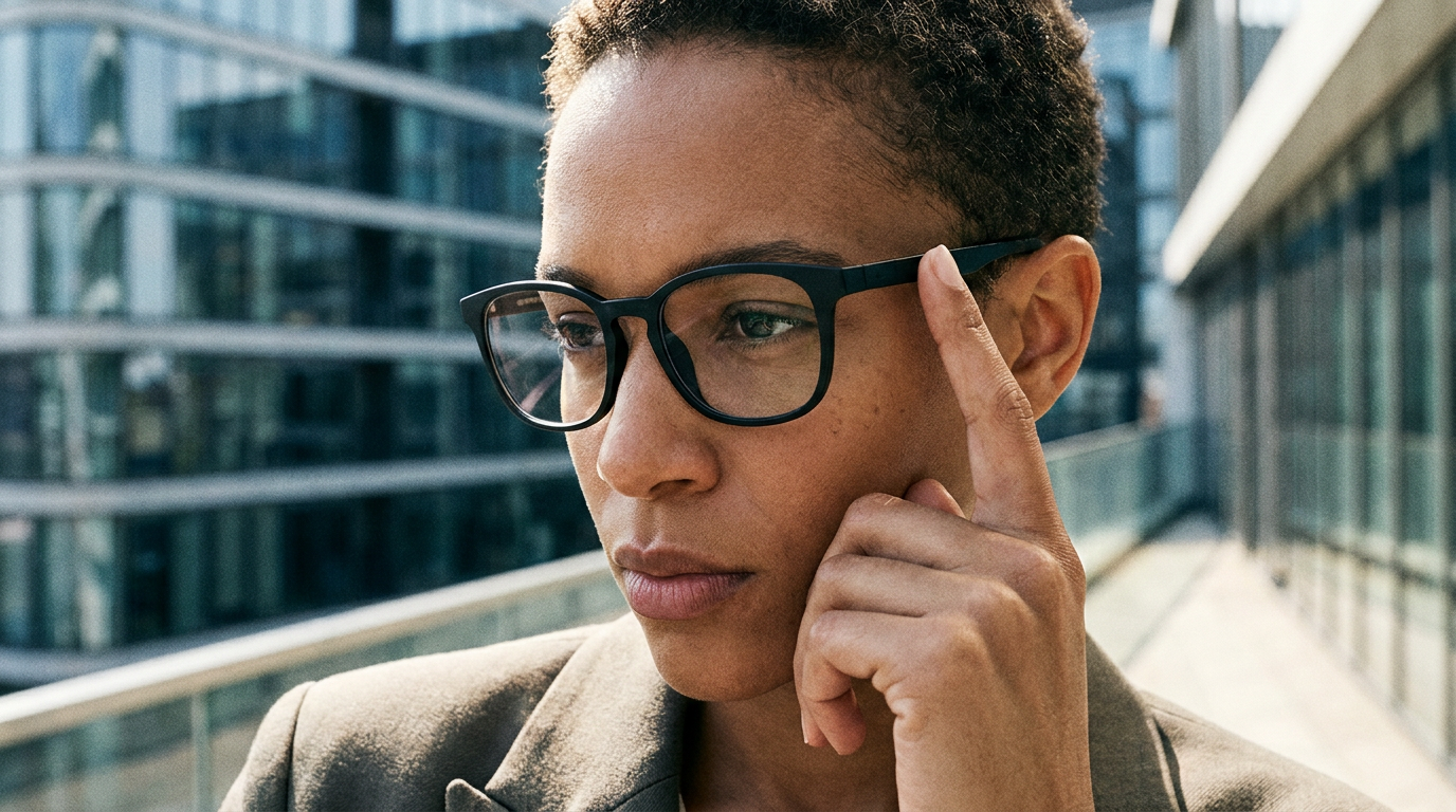 Close-up of a stylish, minimalist pair of smart glasses with no visible screen, worn by an individual subtly interacting with an unseen digital assistant.