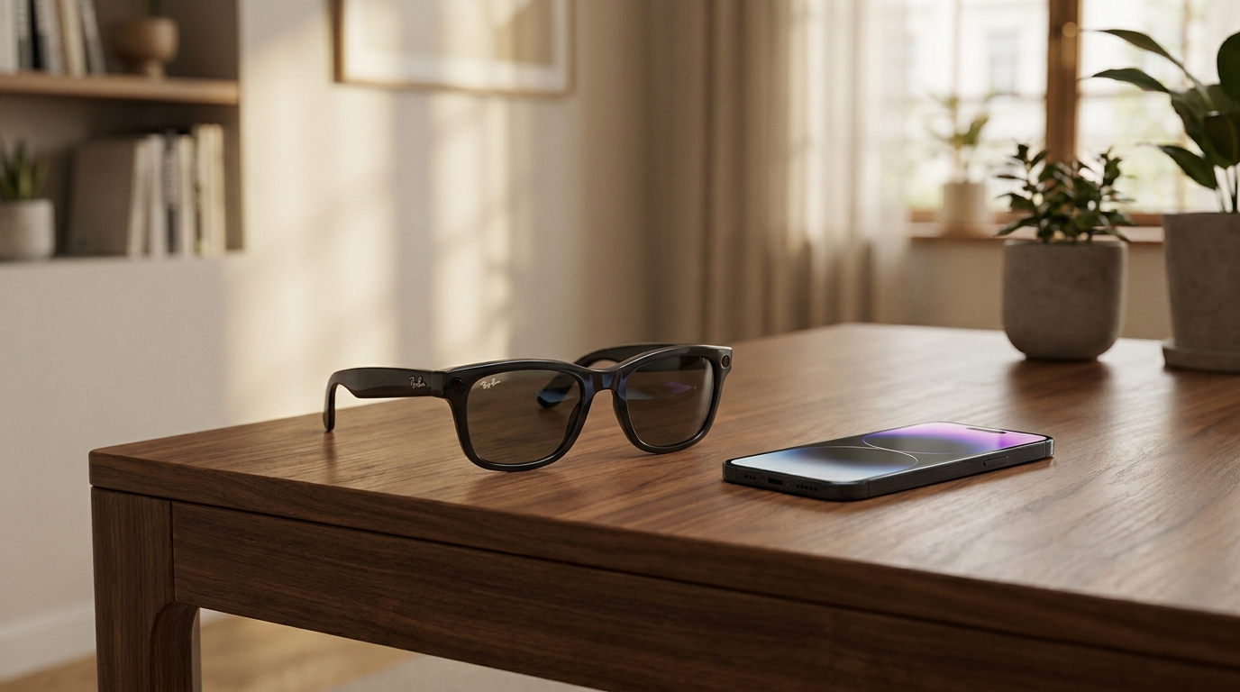 Sleek, modern Ray-Ban Meta smart glasses resting on a wooden table next to a smartphone, with a softly blurred background.
