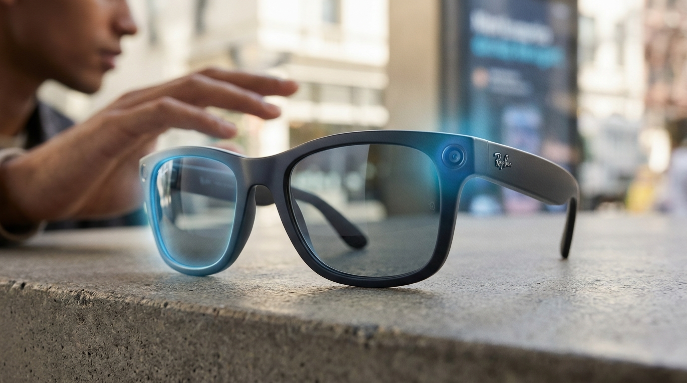 Close-up of Ray-Ban Meta smart glasses with subtle AI visual cues, perhaps an ethereal glow around the camera or lens, against a blurred background of a user interacting with the world.