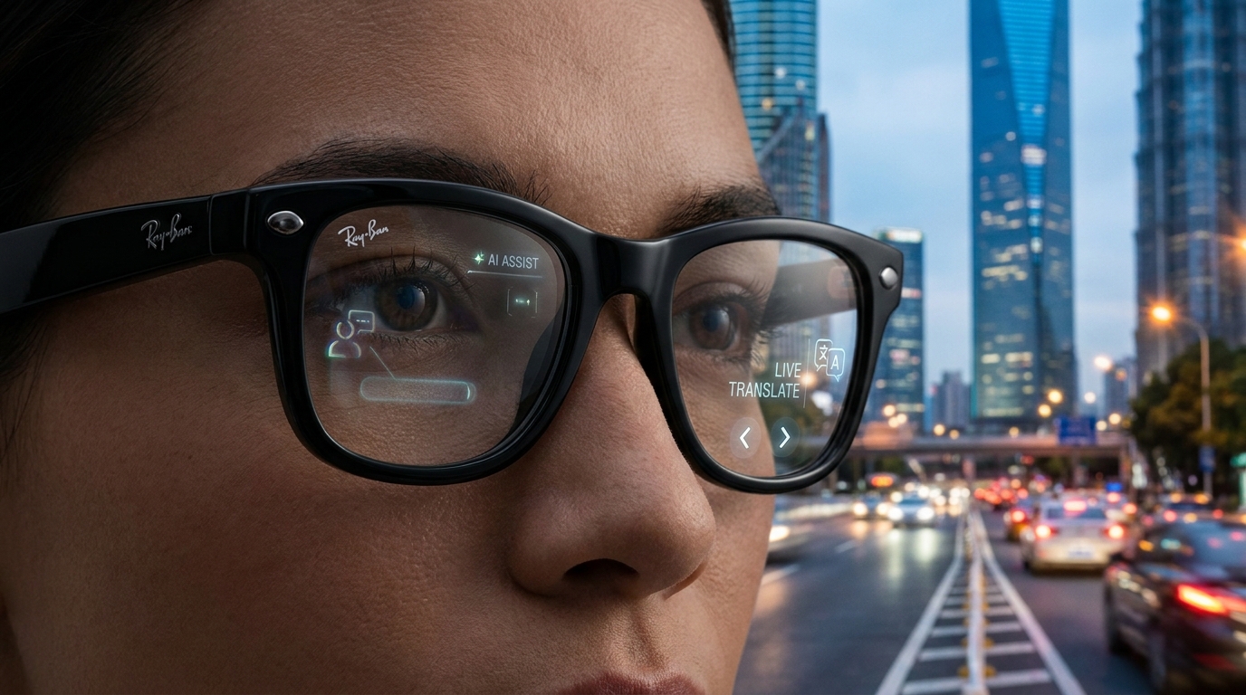 A close-up shot of Ray-Ban Meta smart glasses with subtle AI-generated overlays on the lenses, illustrating the concept of premium AI features. The background is a blurred, dynamic urban environment.