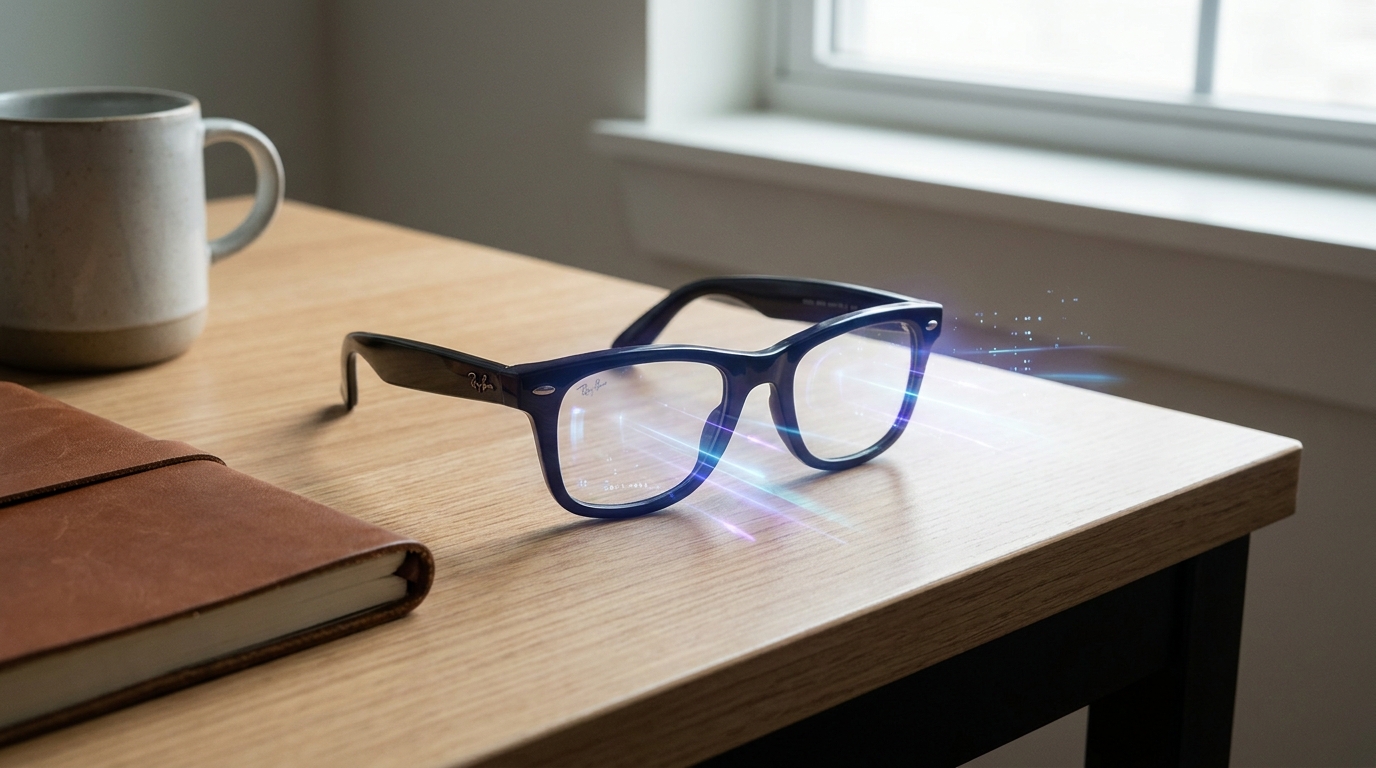 Close-up of a Meta Ray-Ban Wayfarer smart glass on a modern desk, with faint glowing AI visual perception cues around the lens, symbolizing enhanced intelligence.