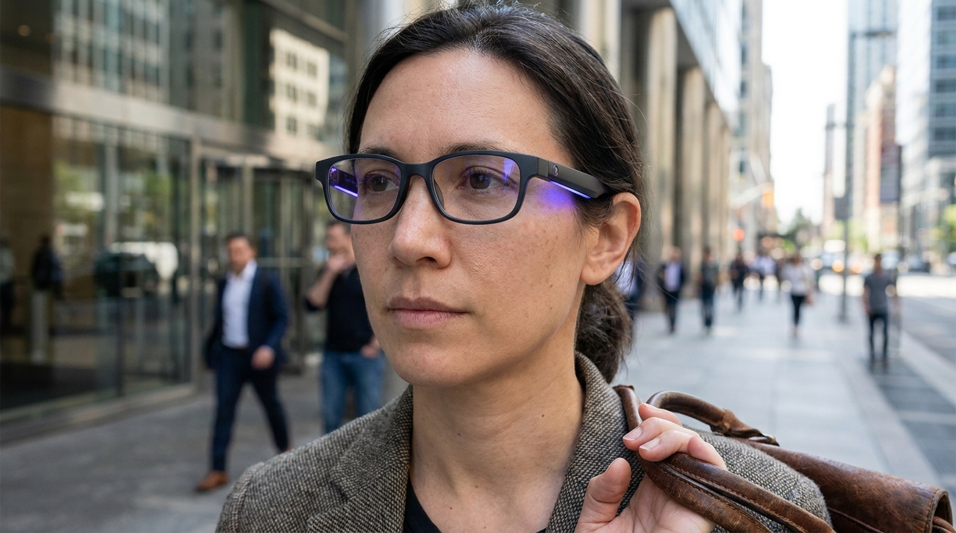 Une paire de lunettes connectées élégantes et modernes, avec une légère lueur d'AI, portée par une personne ordinaire marchant dans une rue de ville, l'air pensif mais n'interagissant pas avec un écran.