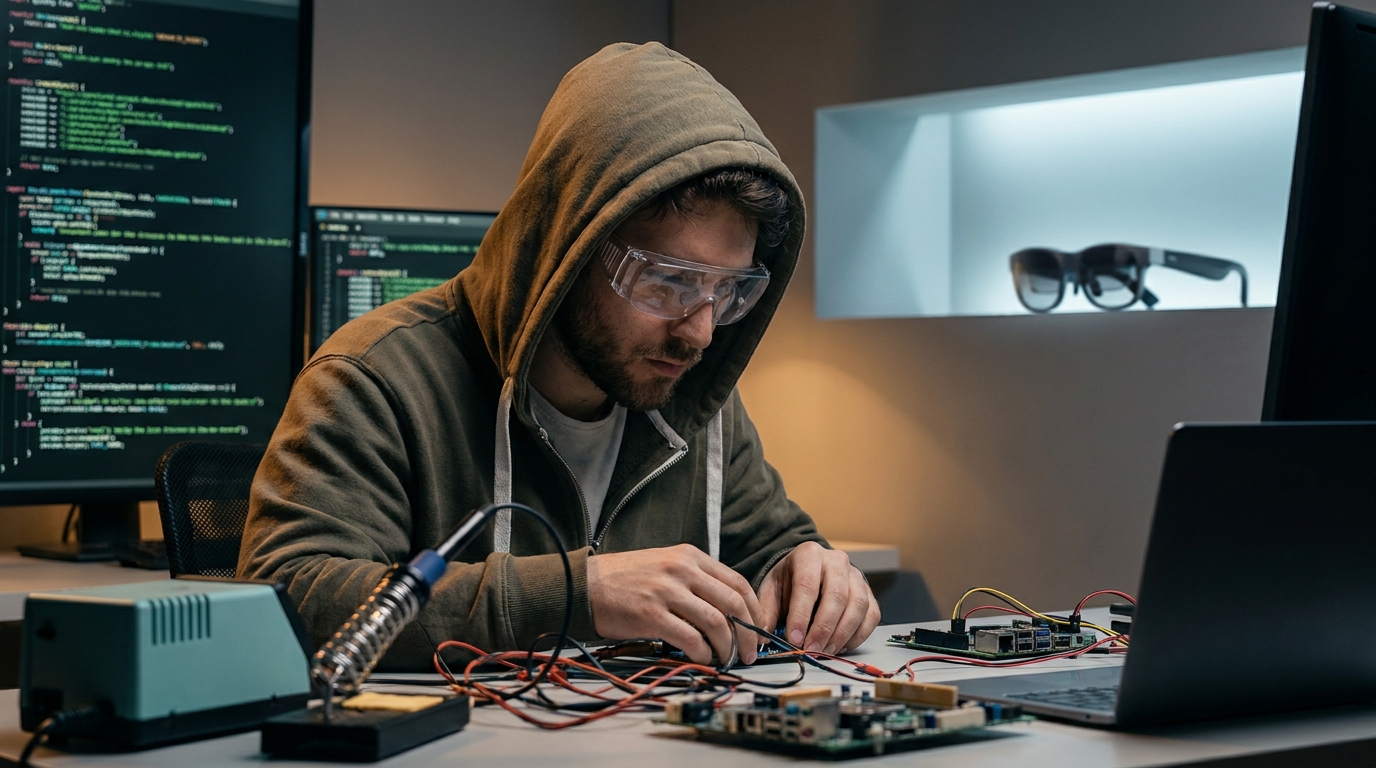Un développeur isolé, portant des lunettes de protection simples, entouré de cartes de circuits complexes et de code open source sur des écrans, contrastant avec des lunettes connectées élégantes et de marque en arrière-plan.