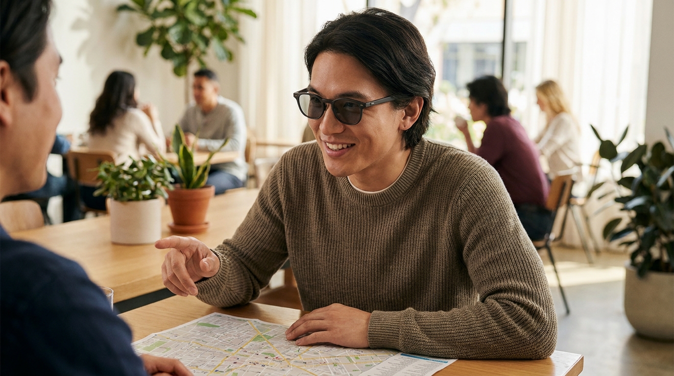 A person wearing sleek, unobtrusive smart glasses in a casual setting, interacting with the world naturally, without visible displays.