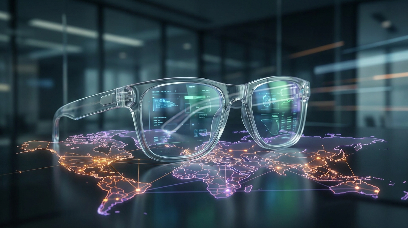 Futuristic smart glasses glowing with digital interfaces, superimposed over a map of the USA and China, suggesting a technological race.