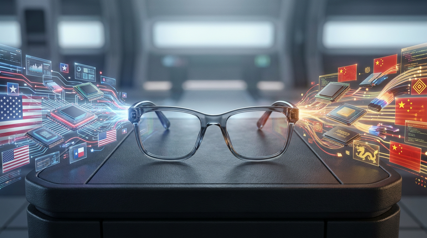 Une représentation stylisée de deux écosystèmes technologiques distincts, l'un avec des motifs de drapeau américain et l'autre avec des motifs de drapeau chinois, convergeant vers une paire de smart glasses.