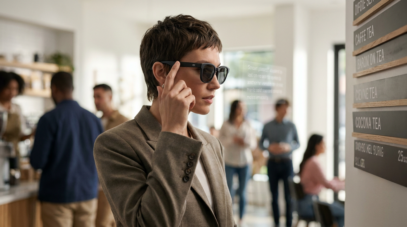 Personne élégante portant des lunettes connectées Meta Ray-Ban dans un cadre quotidien, démontrant une utilisation discrète de la technologie AI.