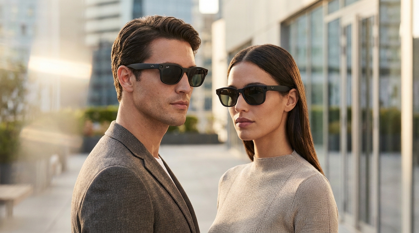 Person wearing sleek, stylish Ray-Ban smart glasses with a subtle camera lens.