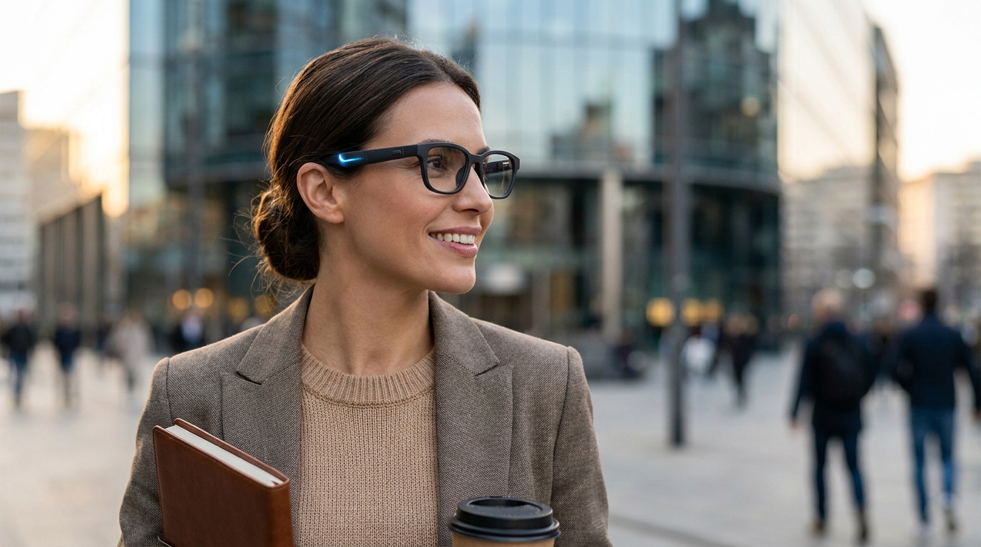 A stylish, everyday person wearing a pair of sleek, modern smart glasses that are indistinguishable from regular eyewear, with a subtle AI glow around the temple.