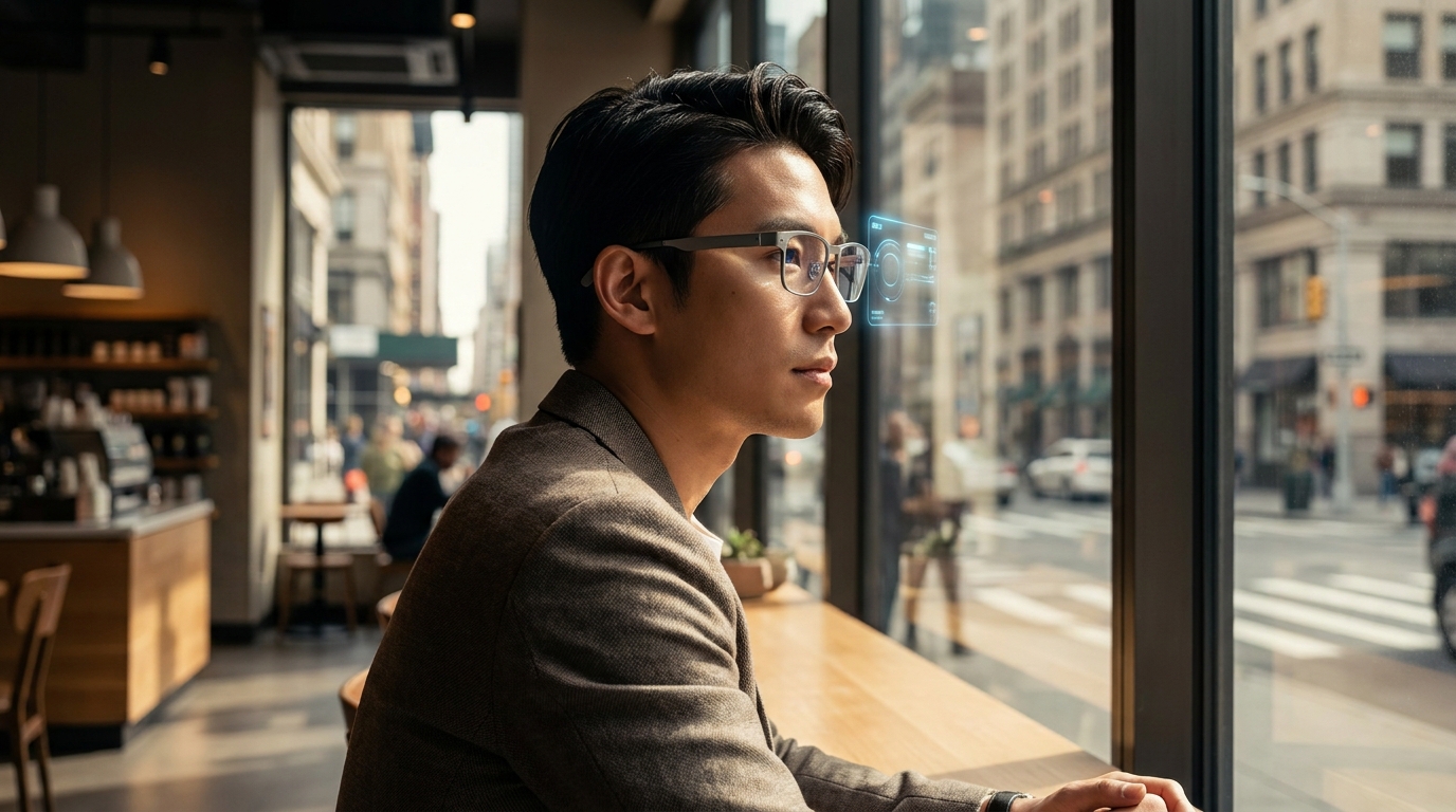 Une personne élégante portant des lunettes intelligentes modernes et discrètes avec un affichage tête haute (HUD) minimaliste et léger visible dans la lentille, s'intégrant parfaitement à sa vie quotidienne.