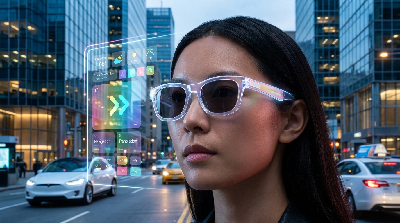 Une image vibrante et futuriste d'élégantes lunettes AR affichant des informations numériques superposées sur une rue urbaine, mettant en valeur une expérience visuelle claire et lumineuse.