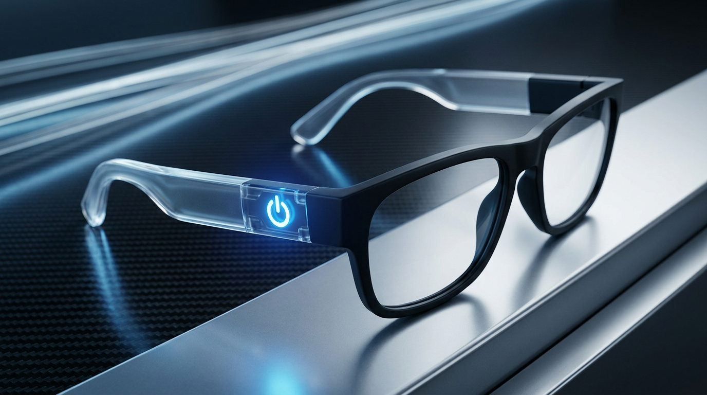 Une monture de lunettes connectées élégante et légère avec un symbole d'alimentation stylisé et lumineux à l'intérieur, soulignant sa dépendance cachée à une source d'énergie.
