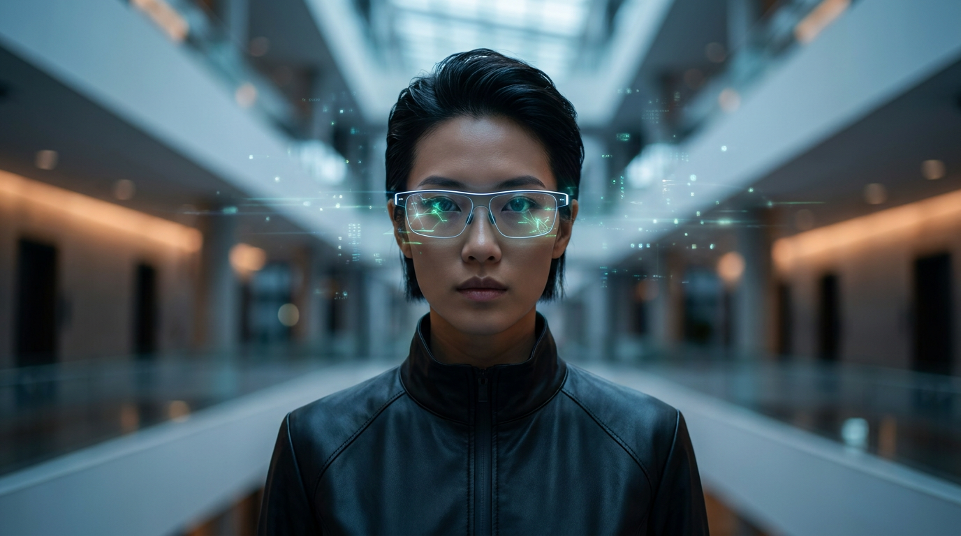 A futuristic human wearing sleek smart glasses with glowing Android XR logos reflecting in the lenses, surrounded by a subtle digital interface overlay.