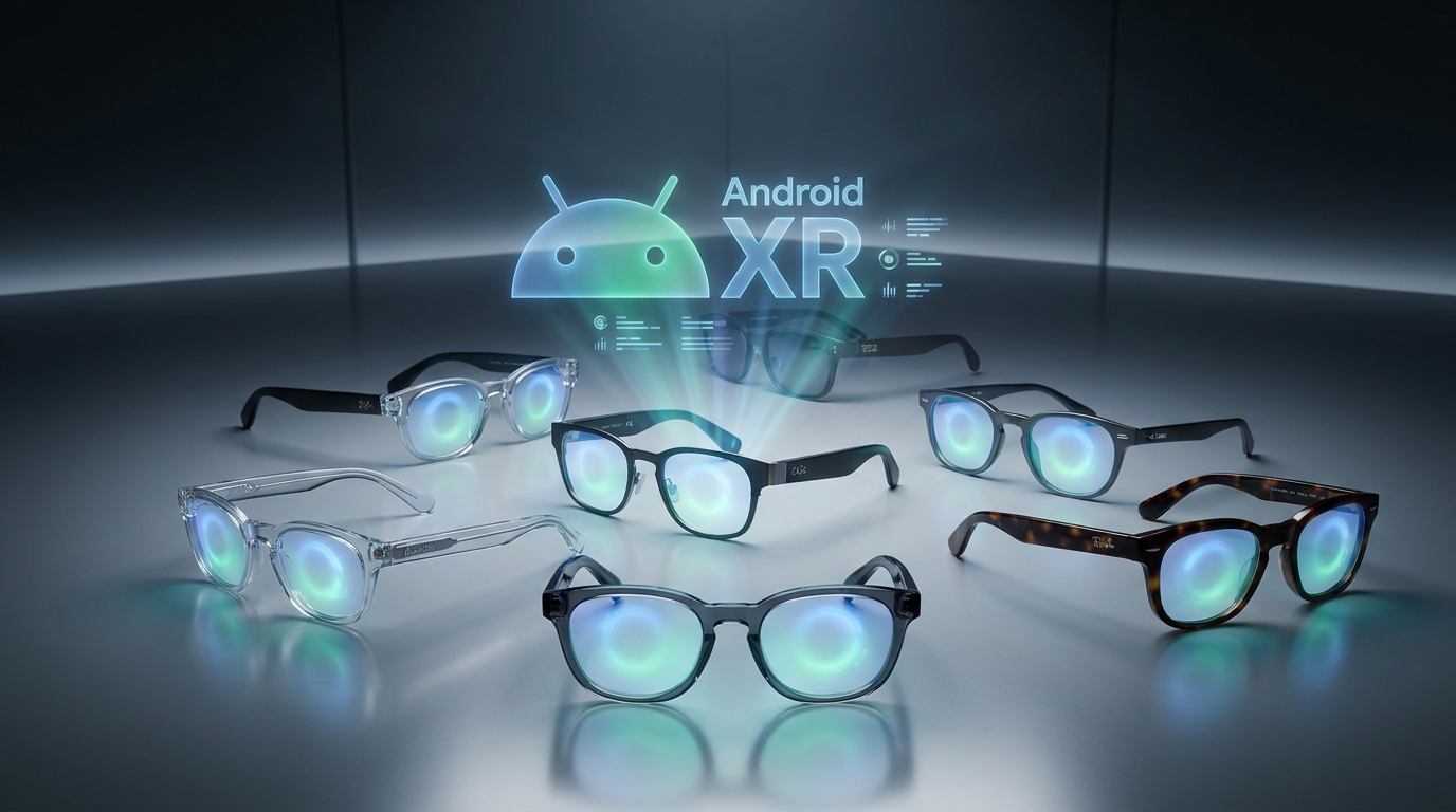 A stylized illustration of various smart glasses from different brands, unified by glowing Android XR logos superimposed over their displays, symbolizing a cohesive ecosystem.