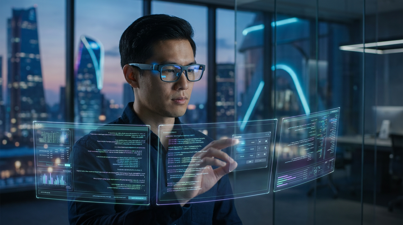 A developer wearing sleek smart glasses, looking at multiple virtual code windows projected in front of them, with a futuristic, illuminated interface.
