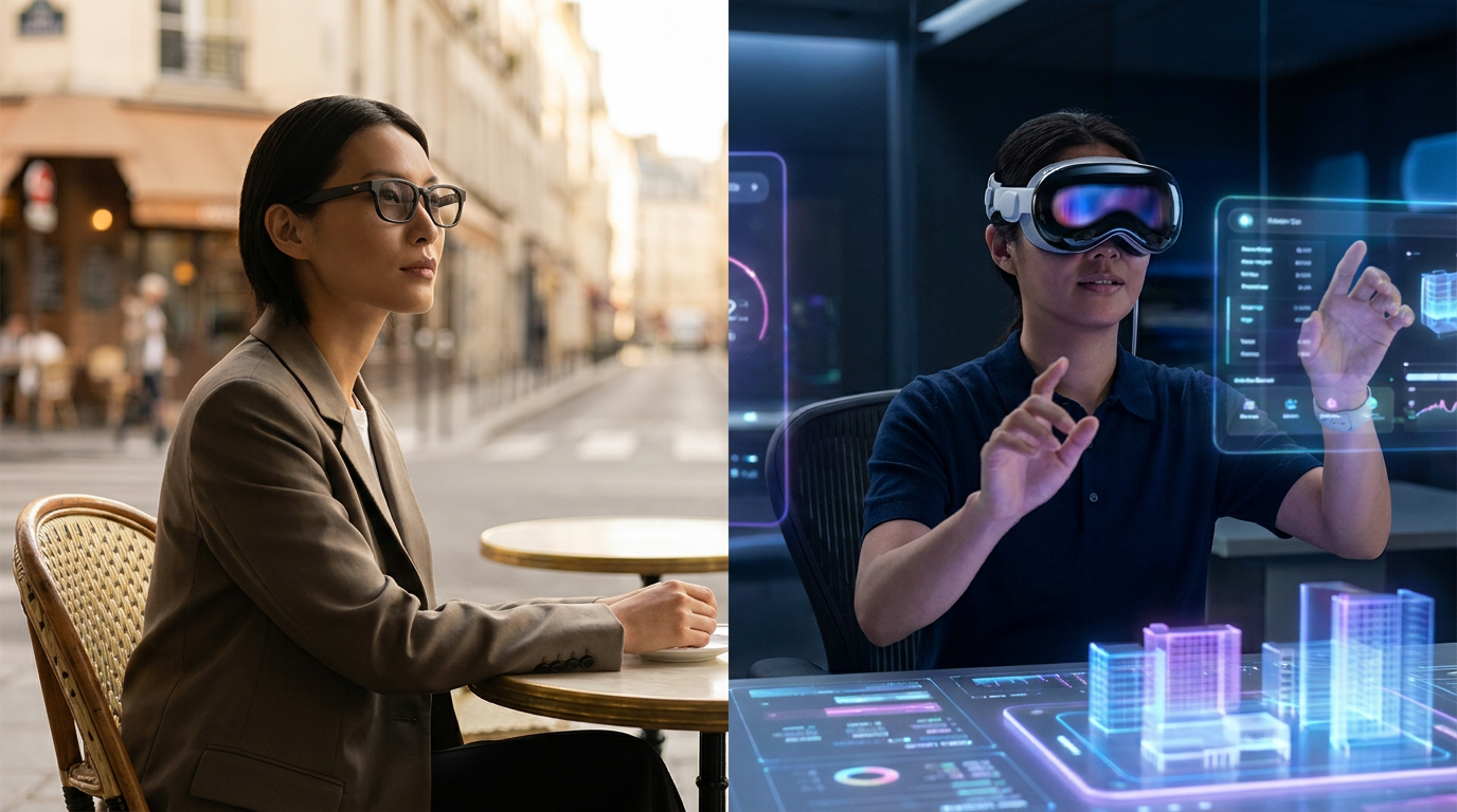 Stilisiertes geteiltes Bild: Eine Seite zeigt eine subtile, modische Person mit Ray-Ban Smart Glasses; die andere zeigt einen futuristischen, klobigeren Apple Vision Pro Headset-Nutzer in einer digitalen Umgebung.