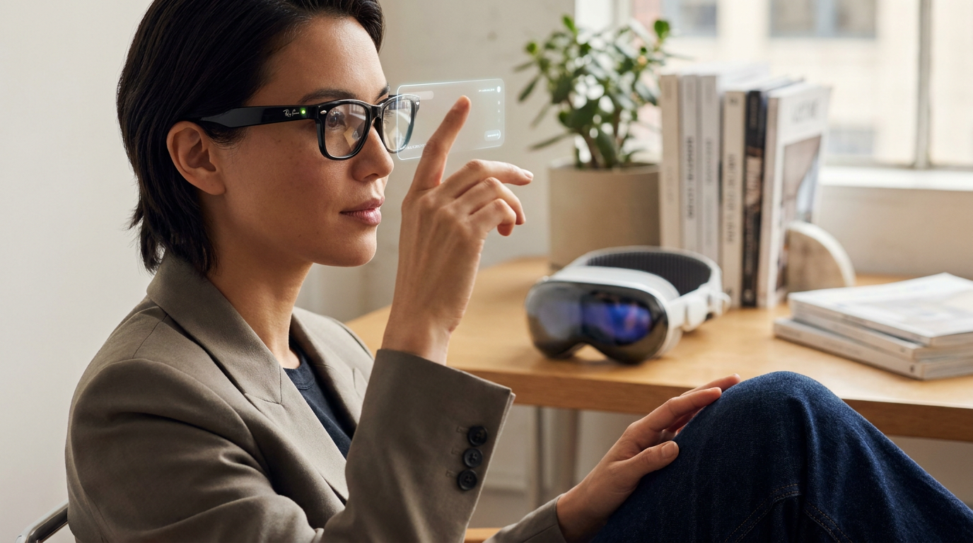 Stylish person wearing Meta Ray-Ban smart glasses, discreetly interacting with the environment, with a blurred Apple Vision Pro in the background.