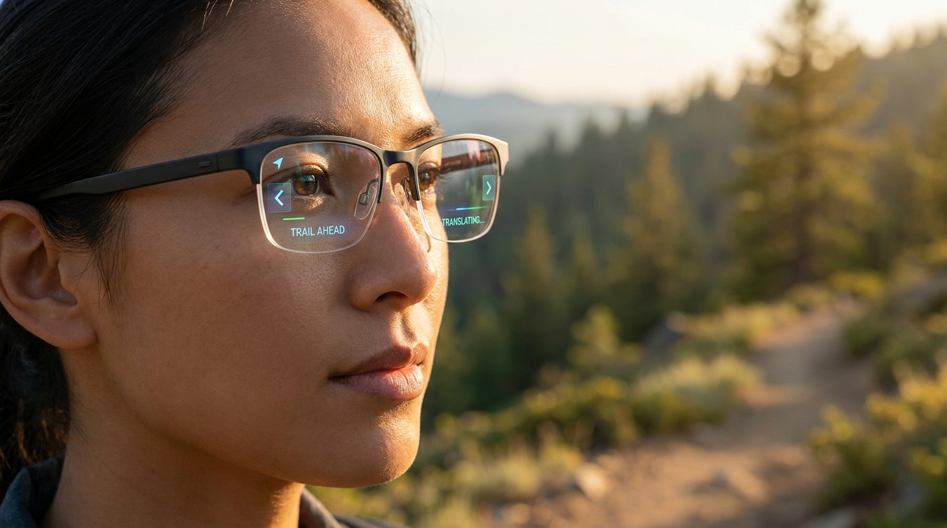 Eine elegante, futuristische Smart Glasses mit subtilen, KI-generierten Informations-Overlays, die vielleicht eine Übersetzung oder Navigationspfeile zeigen, in einer natürlichen Outdoor-Umgebung, was eine nahtlose Integration impliziert.