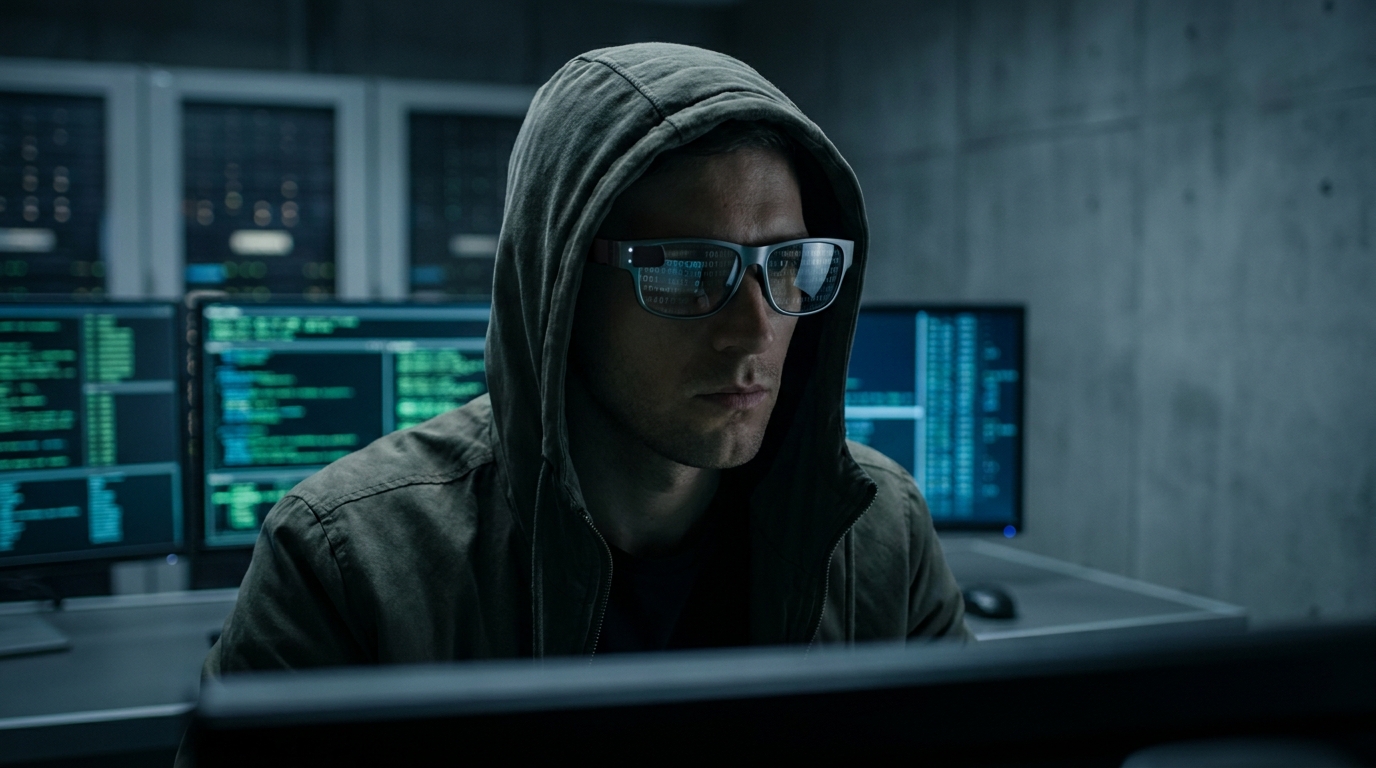 A hacker wearing smart glasses, with binary code subtly overlaid on the lenses, reflecting both innovation and a shadowy element. Perhaps a sticker partially obscuring the LED.