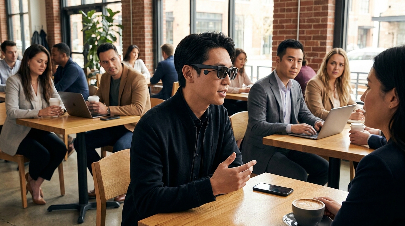 A diverse group of people in a cafe, some discreetly looking at a person wearing sleek smart glasses, a faint red recording indicator on the glasses is obscured by a small black sticker.