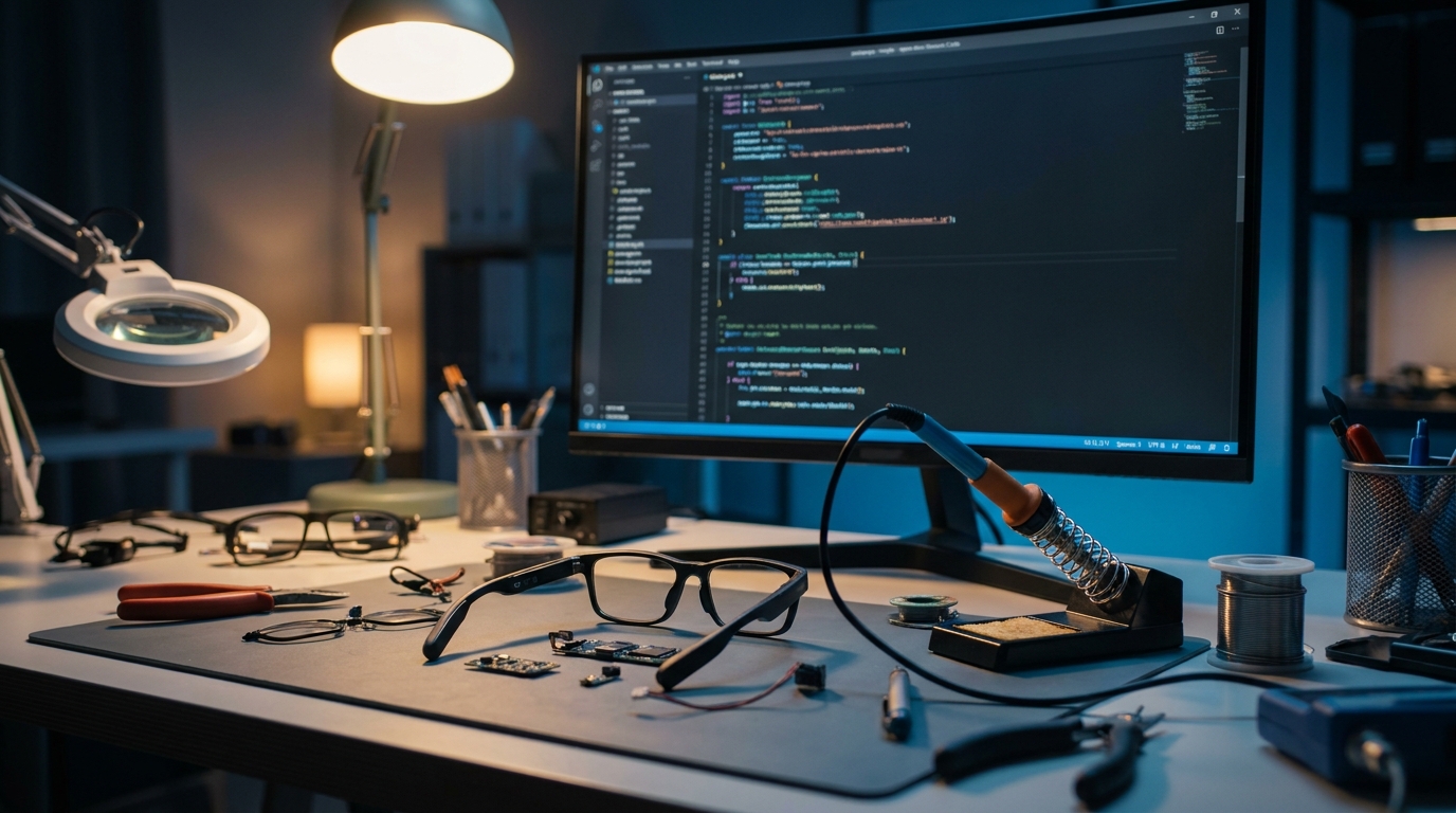 Eine Hacker-Werkbank mit zerlegten Smart Glasses, einem Lötkolben und Open-Source-Code auf einem Bildschirm, symbolisiert Schöpfung und Modifikation.