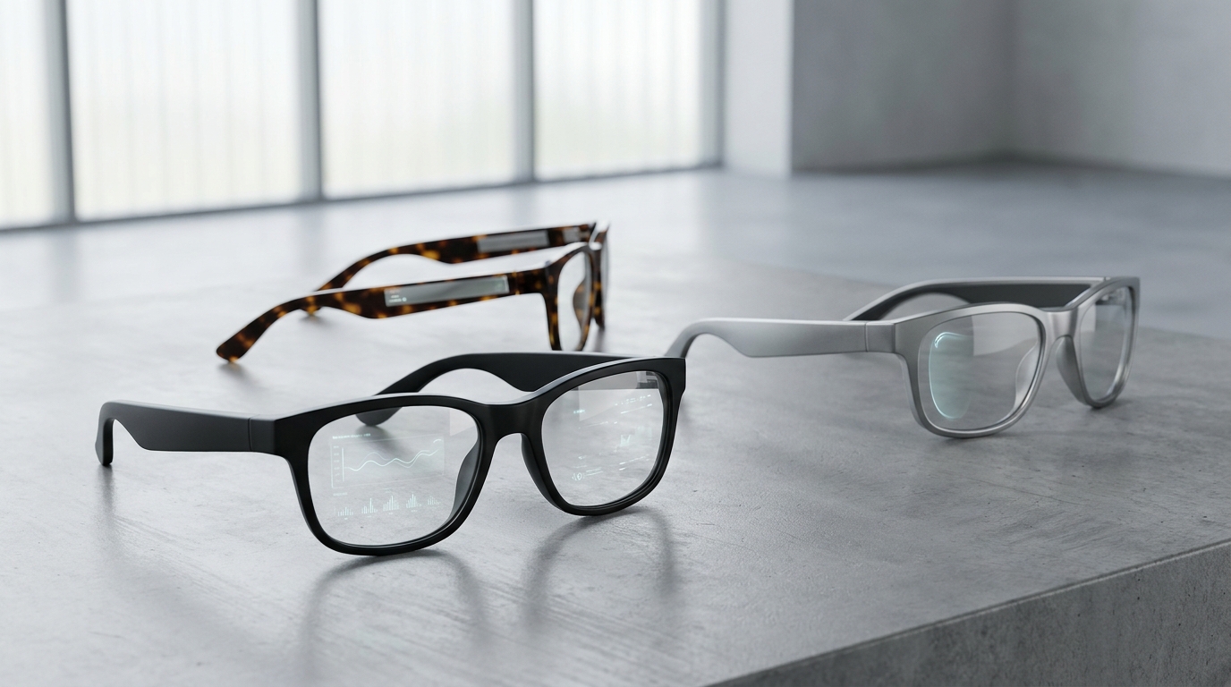 Drei verschiedene Modelle schlanker, moderner Smart Glasses mit dezenten AR-Displays, die subtil in ihre Rahmen integriert erscheinen.