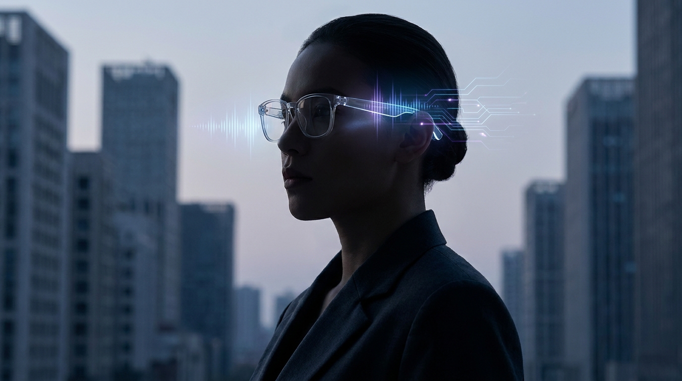 Eine Silhouette einer Person, die minimalistische Smart Glasses mit klaren Gläsern trägt, mit subtilen, ätherischen Schallwellen oder KI-Ikonographie, die von den Brillenbügeln ausgehen, was unsichtbare Intelligenz andeutet.