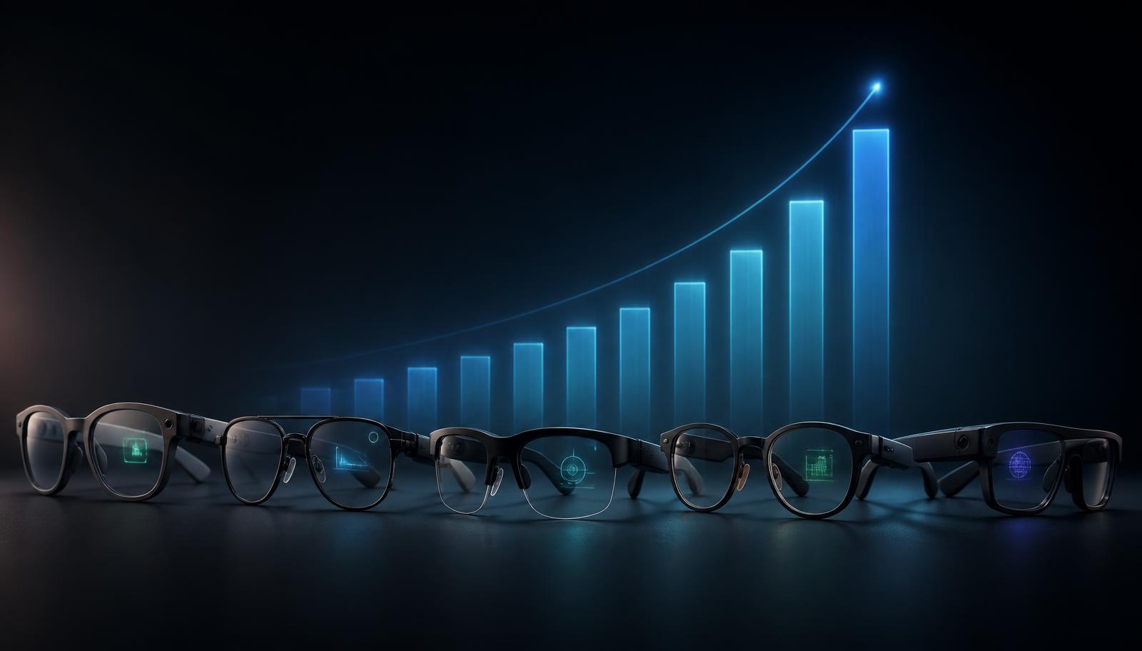 Mehrere Smart-Glasses-Modelle, aufgereiht auf einer dunklen Oberfläche, mit einem aufsteigenden Lichtdiagramm im Hintergrund, das das Wachstum von Crowdfunding-Kampagnen illustriert.