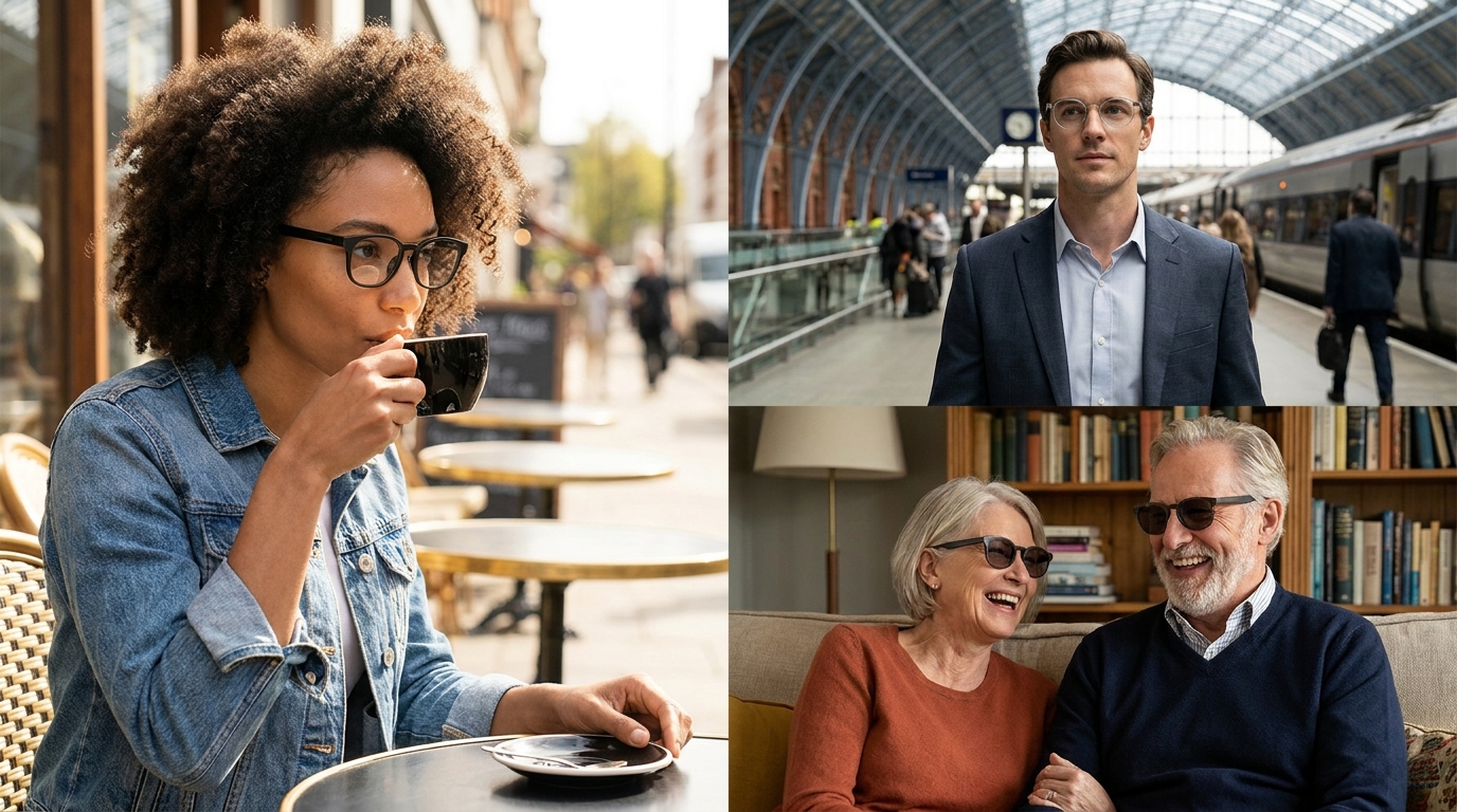 Eine vielfältige Gruppe von Menschen in verschiedenen Alltagsumgebungen, die jeweils eine stilvolle, minimalistische Smart Brille tragen, doch keiner scheint aufzuzeichnen oder mit sichtbaren digitalen Overlays zu interagieren