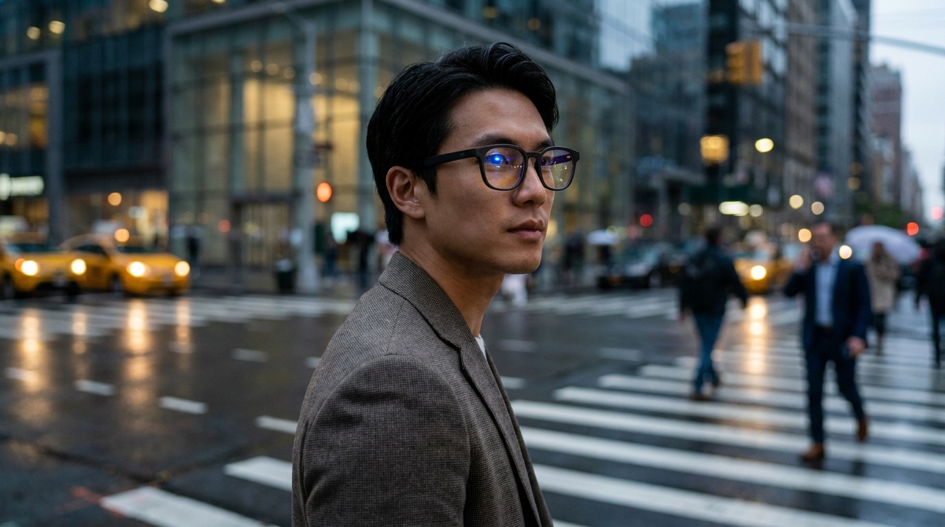 Person trägt elegante Smart Glasses in der Öffentlichkeit, mit einem subtilen Leuchten um die Linsen, das auf digitale Interaktion hinweist, aber offensichtliche Aufnahmeanzeigen vermeidet, vor einem verschwommenen urbanen Hintergrund