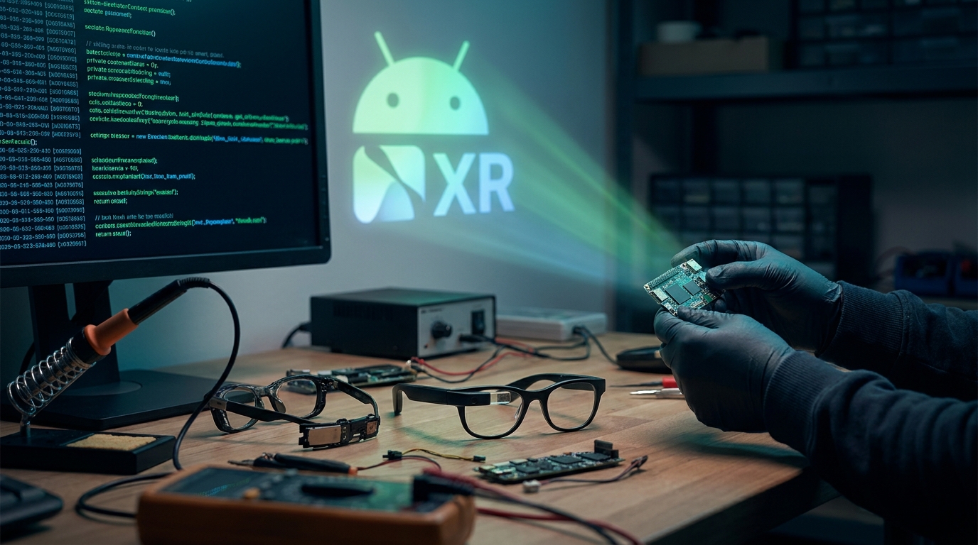 Eine Hacker-Werkbank mit zerlegten Smart Glasses, einem Lötkolben und einem Computerbildschirm, der Code anzeigt, beleuchtet vom Glanz eines Android XR-Logos.