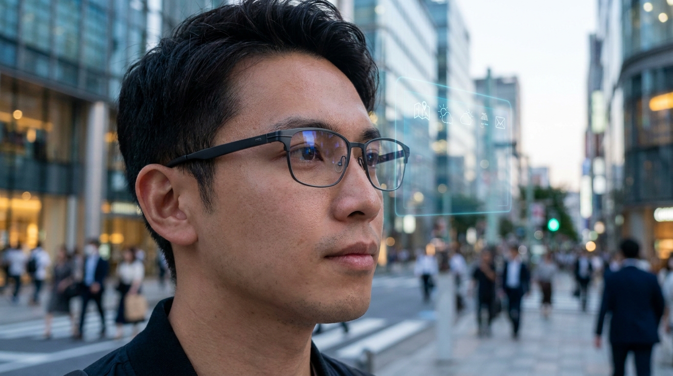 Eine schlanke, minimalistische Smart Glass, getragen von einer Person, mit subtilen digitalen Informationen, die einer realen Szene überlagert sind, was auf diskrete KI-Unterstützung hindeutet.