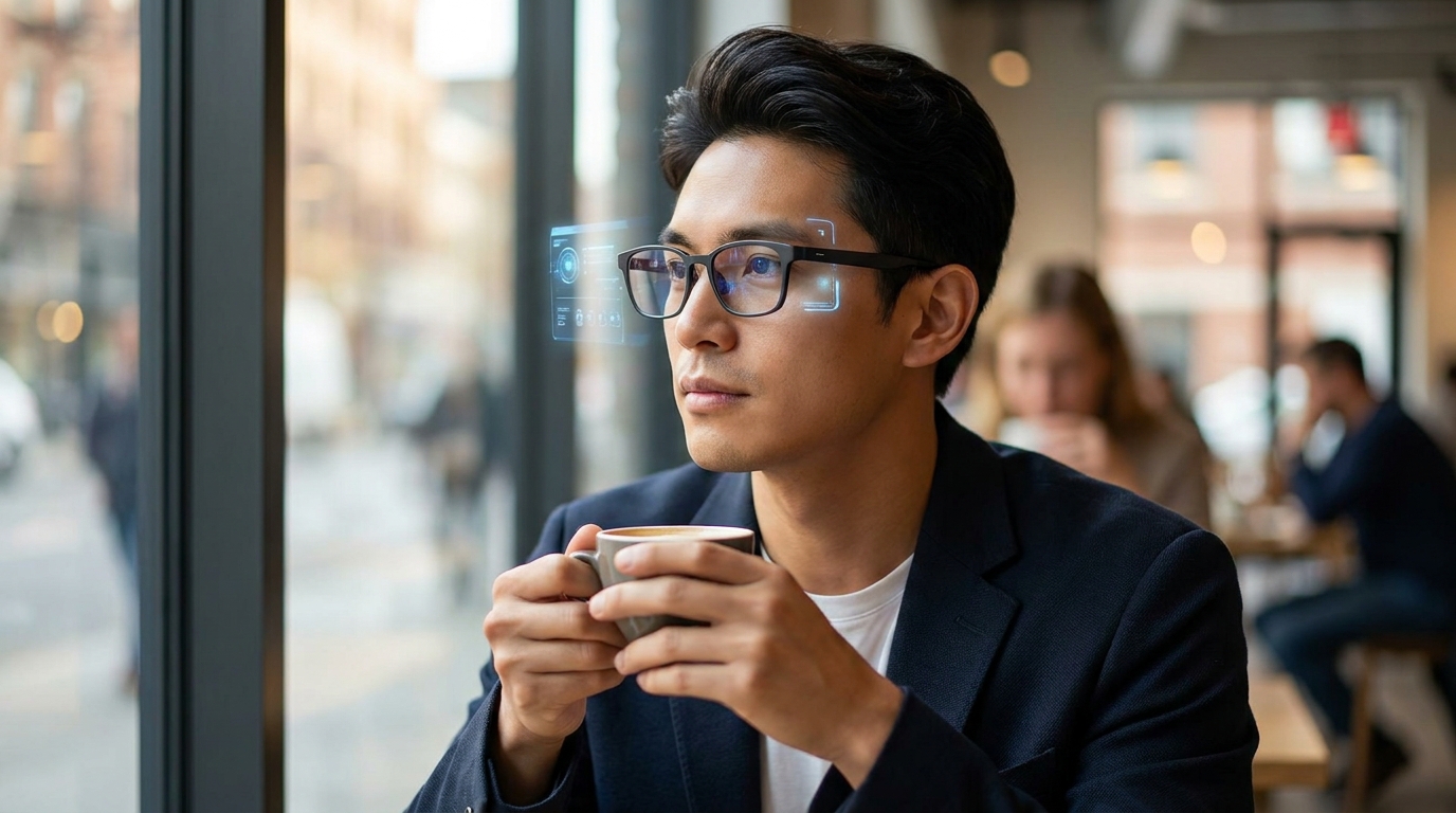 A pair of sleek, minimalist smart glasses worn by a person, subtly glowing with faint UI elements, blending seamlessly into their daily life.