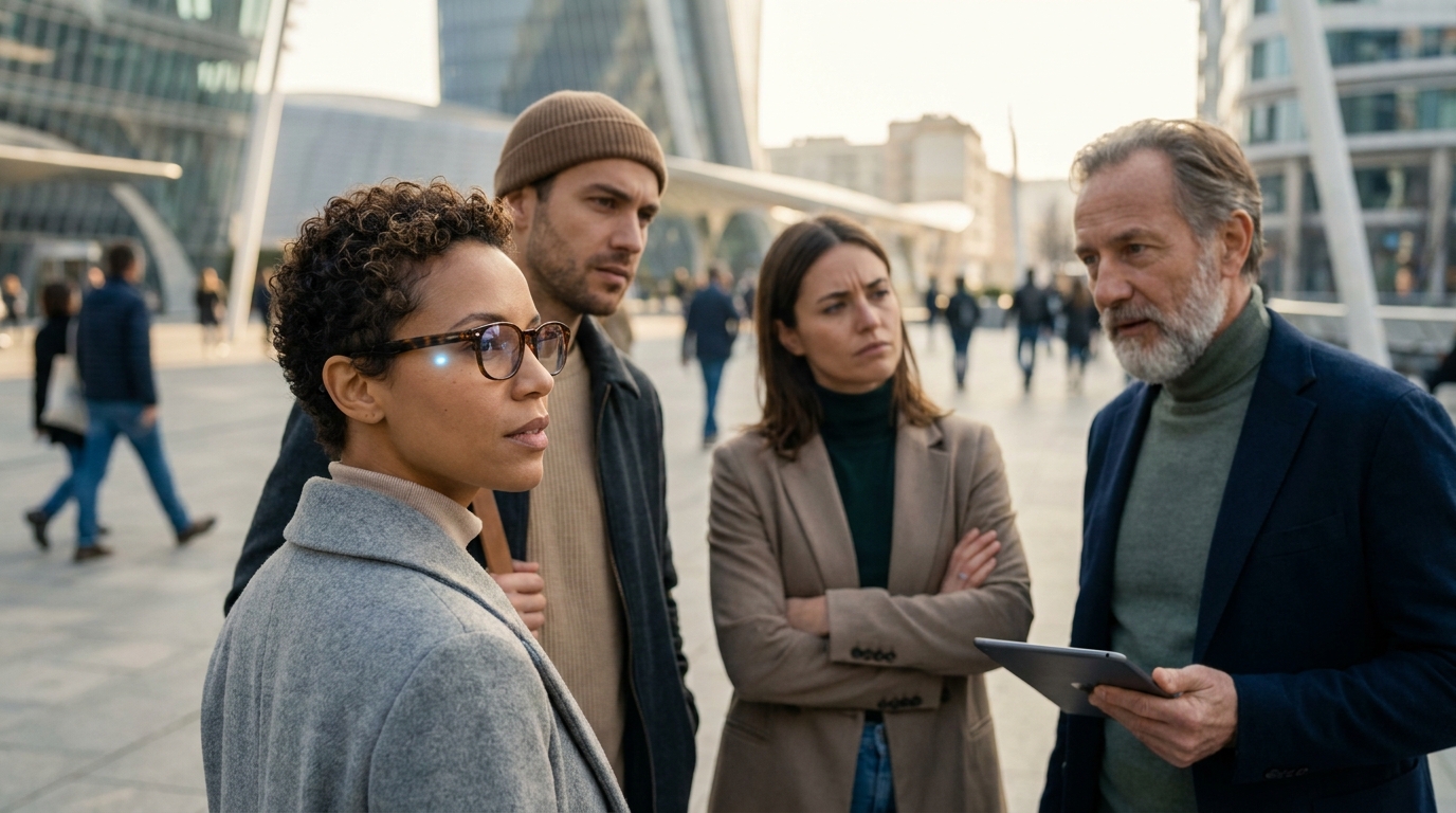 A diverse group of people in 2026, some wearing discreet smart glasses, others looking skeptical or hesitant. A subtle glow or interface element is visible on one pair of glasses.