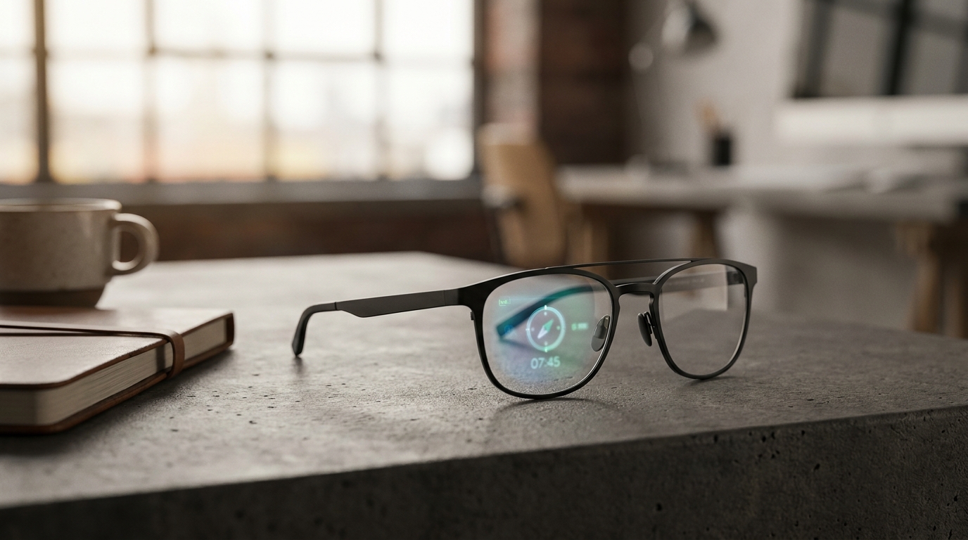 A pair of sleek, minimalist smart glasses resting on a table, with a faint, subtle interface glowing on the lens, emphasizing discretion over overt technology.