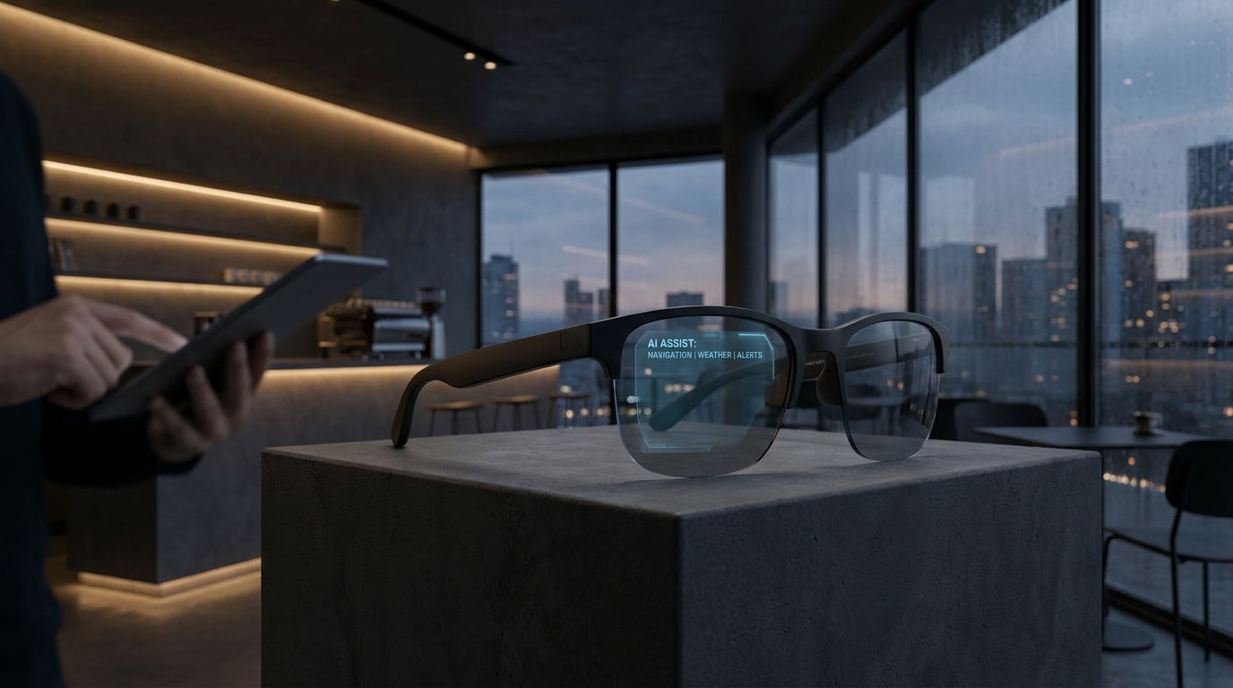 A pair of sleek, minimalist smart glasses, with no visible camera, subtly displaying glowing AI-generated information in a low-light setting.