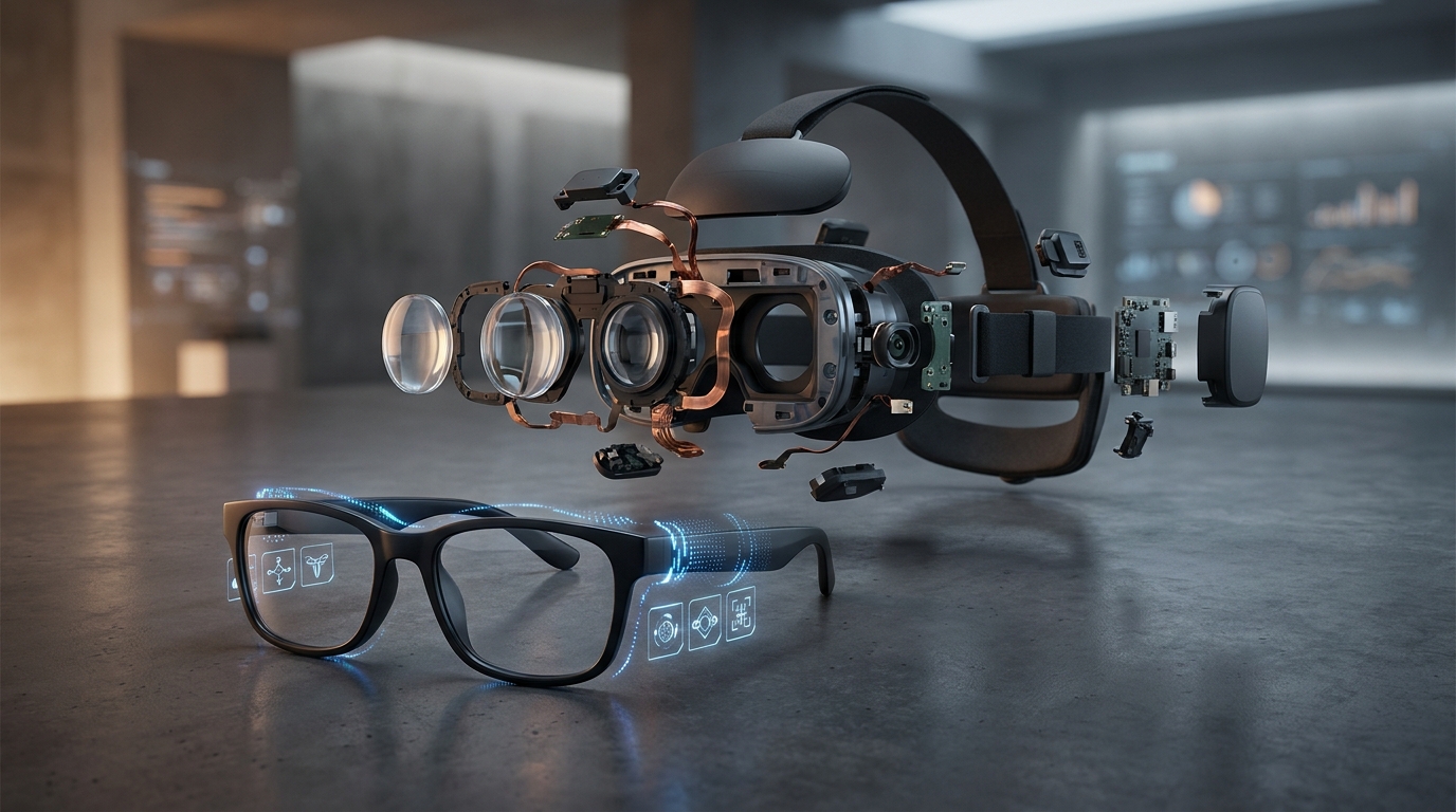Stylized graphic showing a Meta Ray-Ban smart glass subtly glowing with AI indicators, juxtaposed against a deconstructed, high-tech Apple Vision Pro headset, implying different approaches to smart ey