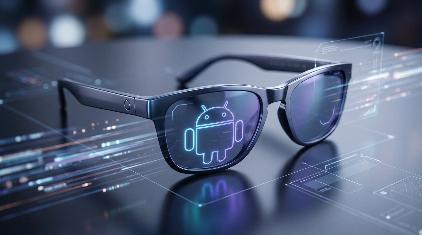 Abstract glowing Android robot head integrated into a pair of sleek, modern smart glasses, surrounded by blurred data streams and subtle augmented reality interfaces.